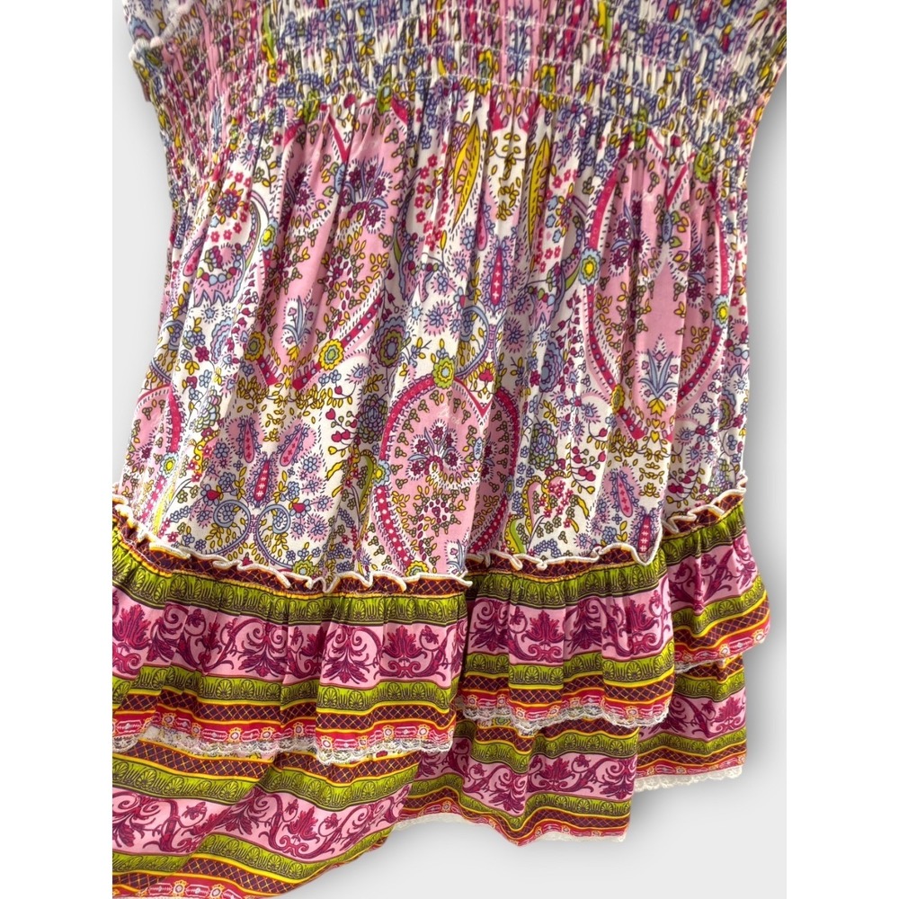 Anthropologie Barok Paris Dress S Pink Paisley Boho Peasant Smocked Ruffle Min - Picture 9 of 12